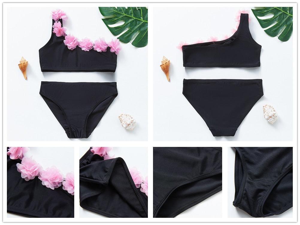 3-16 ans Maillot de bain deux pièces pour filles Motif dessin animé Volants Maillot de bain Bikini Set Épaule unique Tenue de plage Princesse Deux pièces Maillot de bain Maillot de bain enfant Filles Maillot de bain Bikini Set