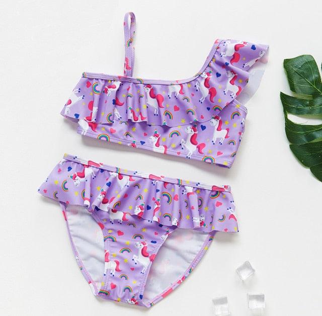 3-16 ans Maillot de bain deux pièces pour filles Motif dessin animé Volants Maillot de bain Bikini Set Épaule unique Tenue de plage Princesse Deux pièces Maillot de bain Maillot de bain enfant Filles Maillot de bain Bikini Set