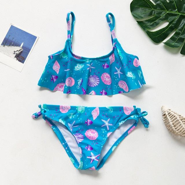 3-16 ans Maillot de bain deux pièces pour filles Motif dessin animé Volants Maillot de bain Bikini Set Épaule unique Tenue de plage Princesse Deux pièces Maillot de bain Maillot de bain enfant Filles Maillot de bain Bikini Set