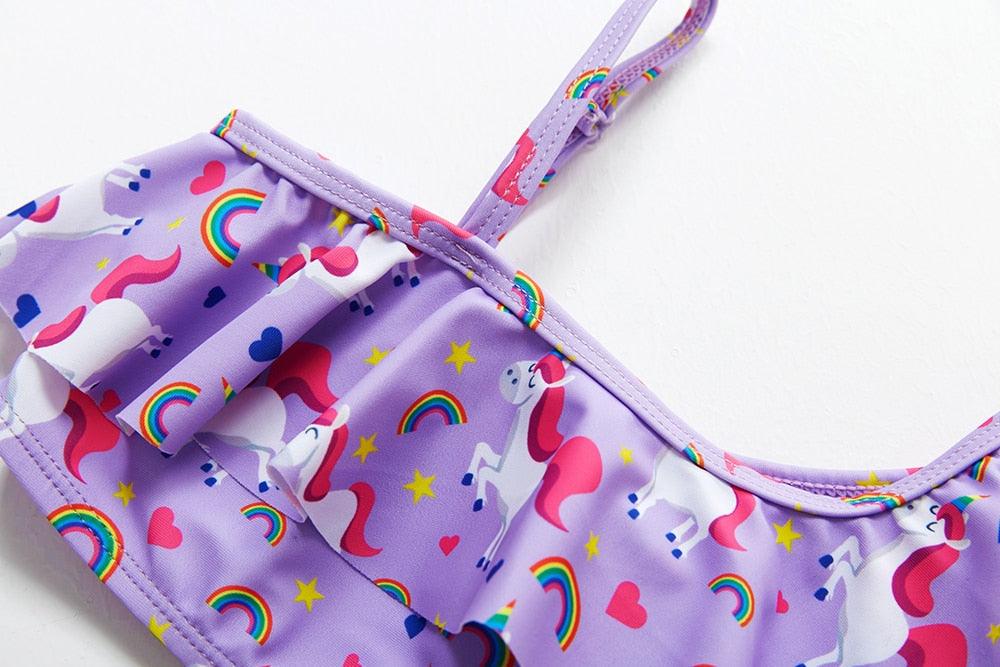 3-16 ans Maillot de bain deux pièces pour filles Motif dessin animé Volants Maillot de bain Bikini Set Épaule unique Tenue de plage Princesse Deux pièces Maillot de bain Maillot de bain enfant Filles Maillot de bain Bikini Set