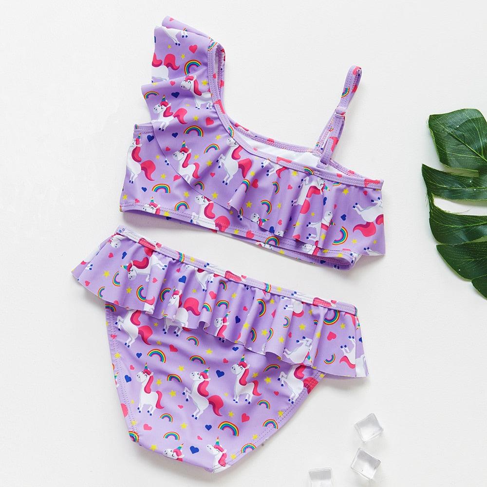 3-16 ans Maillot de bain deux pièces pour filles Motif dessin animé Volants Maillot de bain Bikini Set Épaule unique Tenue de plage Princesse Deux pièces Maillot de bain Maillot de bain enfant Filles Maillot de bain Bikini Set
