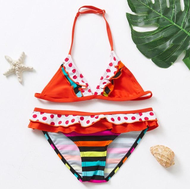 3-16 ans Maillot de bain deux pièces pour filles Motif dessin animé Volants Maillot de bain Bikini Set Épaule unique Tenue de plage Princesse Deux pièces Maillot de bain Maillot de bain enfant Filles Maillot de bain Bikini Set
