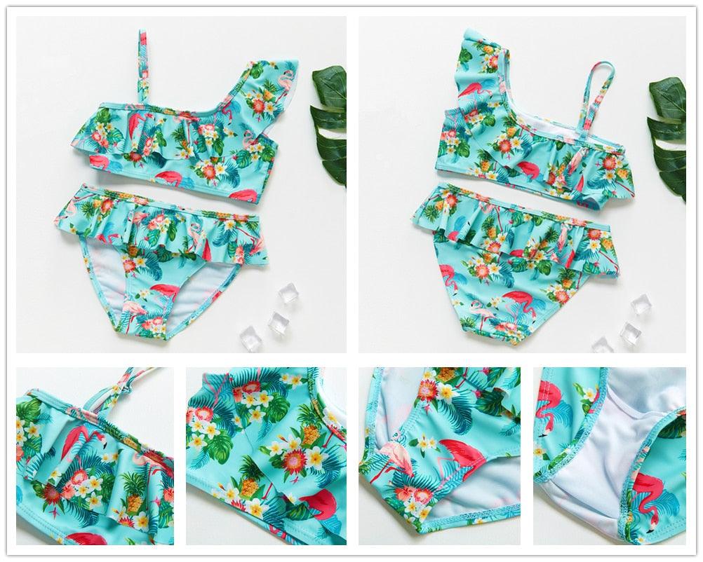 3-16 ans Maillot de bain deux pièces pour filles Motif dessin animé Volants Maillot de bain Bikini Set Épaule unique Tenue de plage Princesse Deux pièces Maillot de bain Maillot de bain enfant Filles Maillot de bain Bikini Set