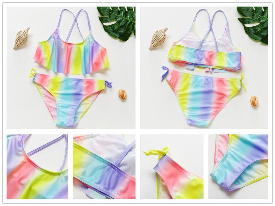 3-16 ans Maillot de bain deux pièces pour filles Motif dessin animé Volants Maillot de bain Bikini Set Épaule unique Tenue de plage Princesse Deux pièces Maillot de bain Maillot de bain enfant Filles Maillot de bain Bikini Set