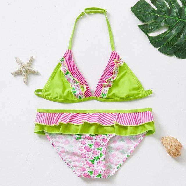 3-16 ans Maillot de bain deux pièces pour filles Motif dessin animé Volants Maillot de bain Bikini Set Épaule unique Tenue de plage Princesse Deux pièces Maillot de bain Maillot de bain enfant Filles Maillot de bain Bikini Set
