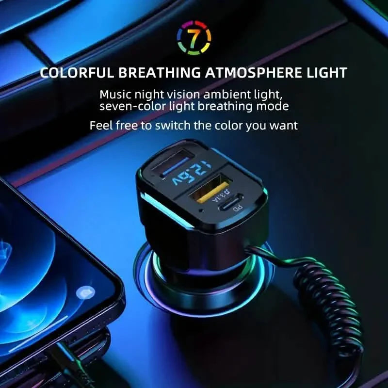Chargeur de voiture rapide USB PD 65W 3-en-1 à 3 ports