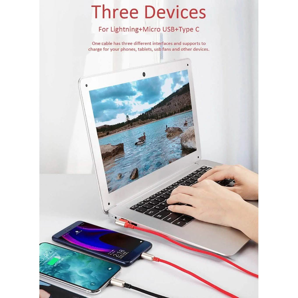 Câble de charge 3-en-1 USB vers Micro USB + Type C + Lightning Câble de charge rapide