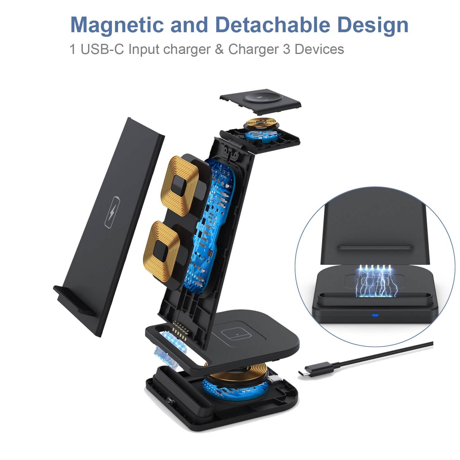 Support de charge rapide sans fil pliable 3-en-1