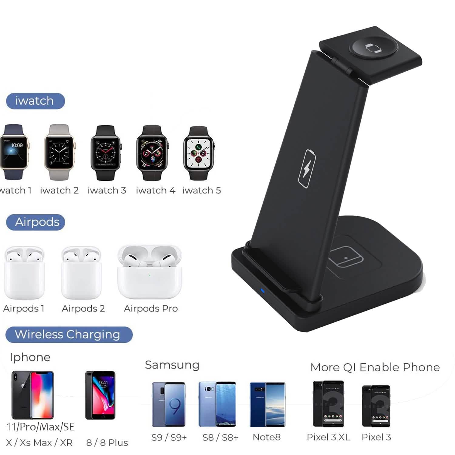 Support de charge rapide sans fil pliable 3-en-1