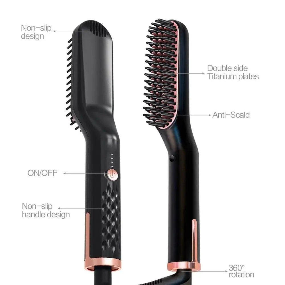 Peigne lissant multifonctionnel 3 en 1, brosse lissante noire et rouge portable, peigne à chauffage rapide pour homme, lisseur de barbe de voyage, cadeau parfait pour les adultes.