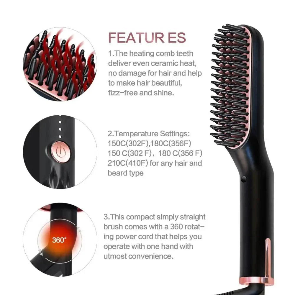 Peigne lissant multifonctionnel 3 en 1, brosse lissante noire et rouge portable, peigne à chauffage rapide pour homme, lisseur de barbe de voyage, cadeau parfait pour les adultes.