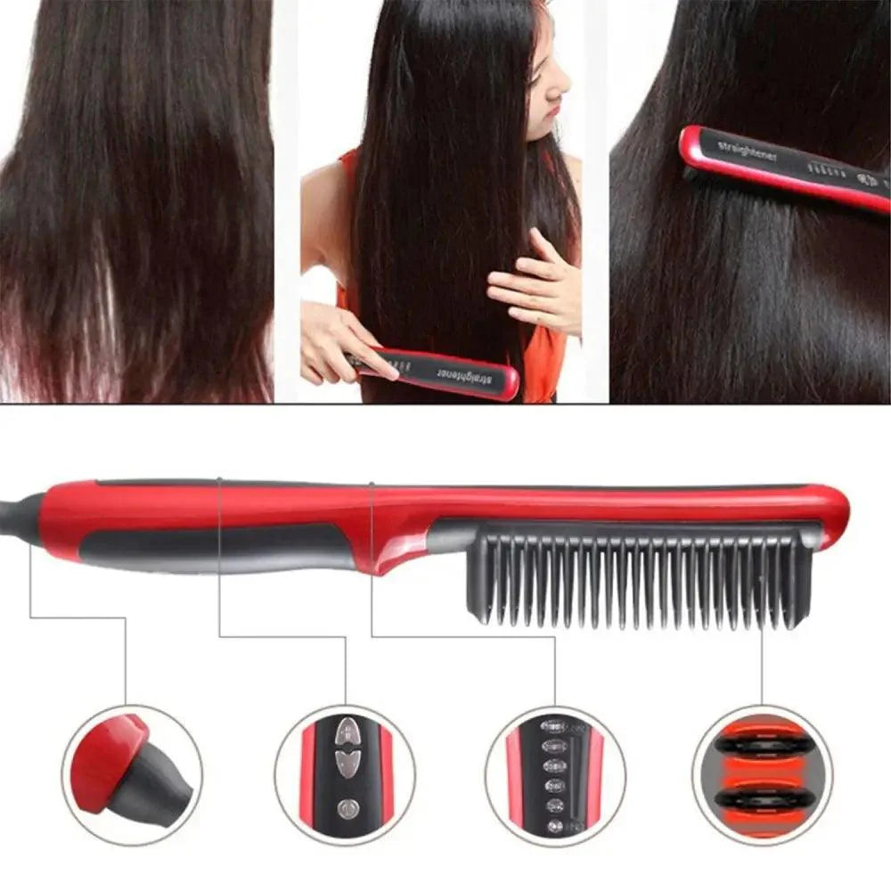 Peigne lissant multifonctionnel 3 en 1, brosse lissante noire et rouge portable, peigne à chauffage rapide pour homme, lisseur de barbe de voyage, cadeau parfait pour les adultes.