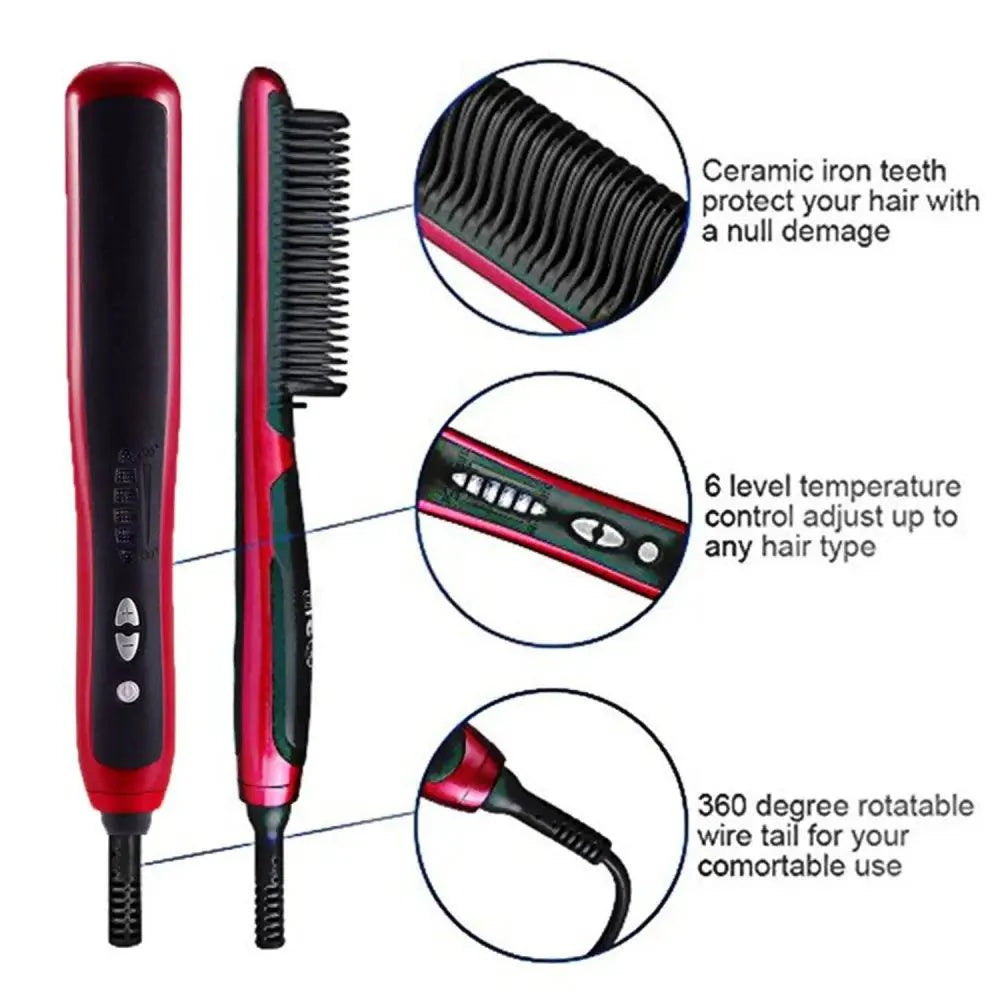 Peigne lissant multifonctionnel 3 en 1, brosse lissante noire et rouge portable, peigne à chauffage rapide pour homme, lisseur de barbe de voyage, cadeau parfait pour les adultes.