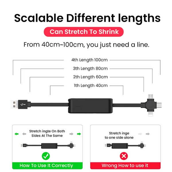 Câble de charge rétractable portable 3-en-1