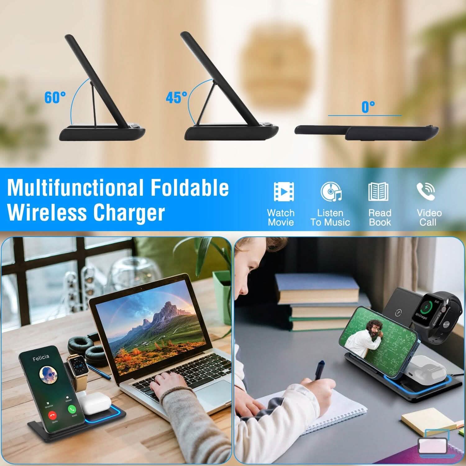 Station de recharge rapide sans fil pliable 3-en-1