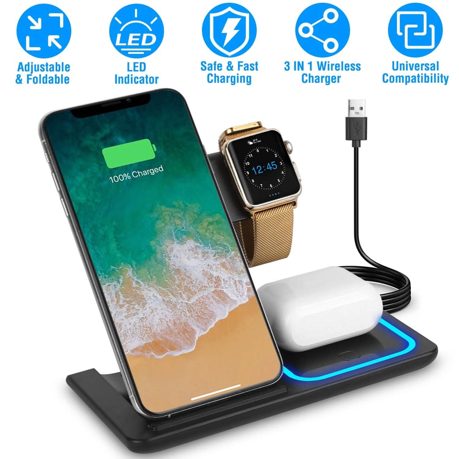 Station de recharge rapide sans fil pliable 3-en-1