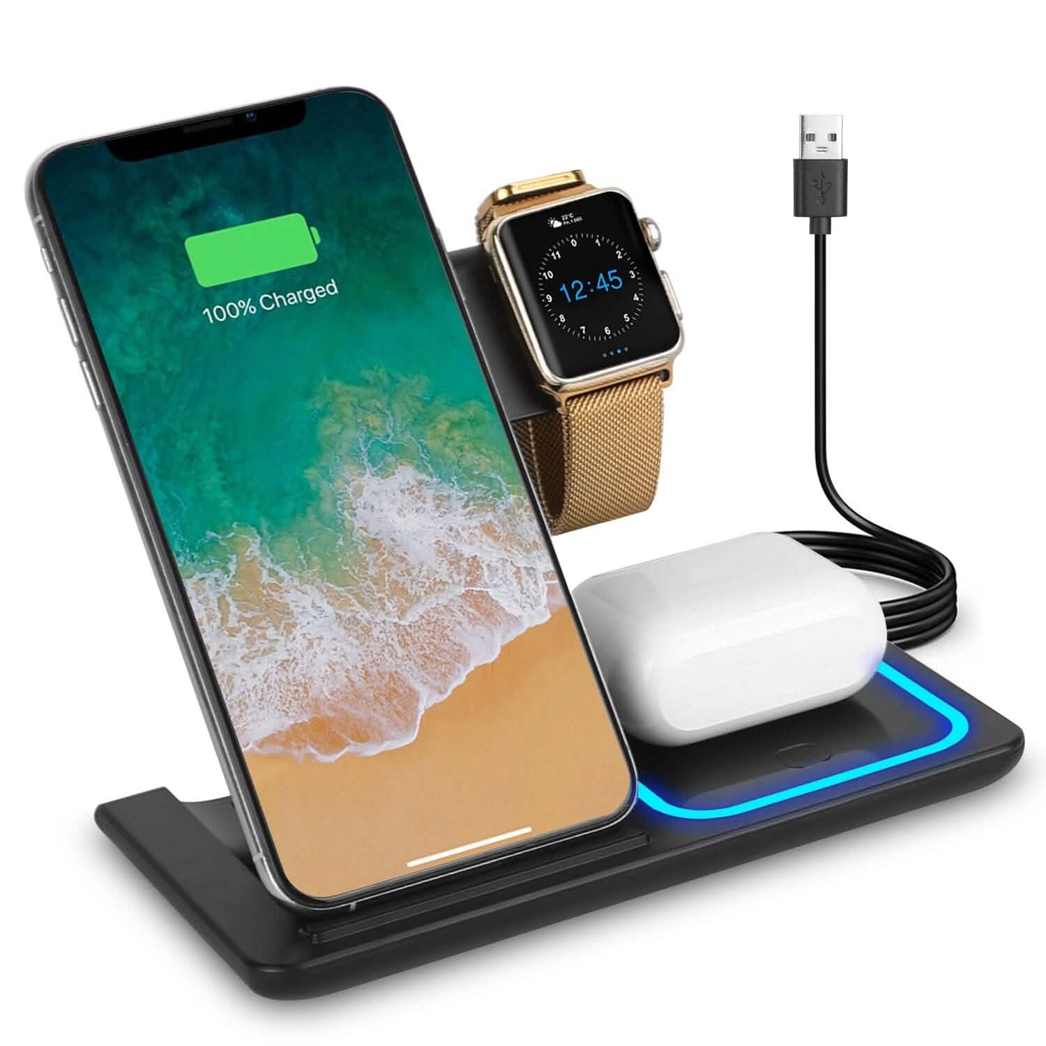 Station de recharge rapide sans fil pliable 3-en-1