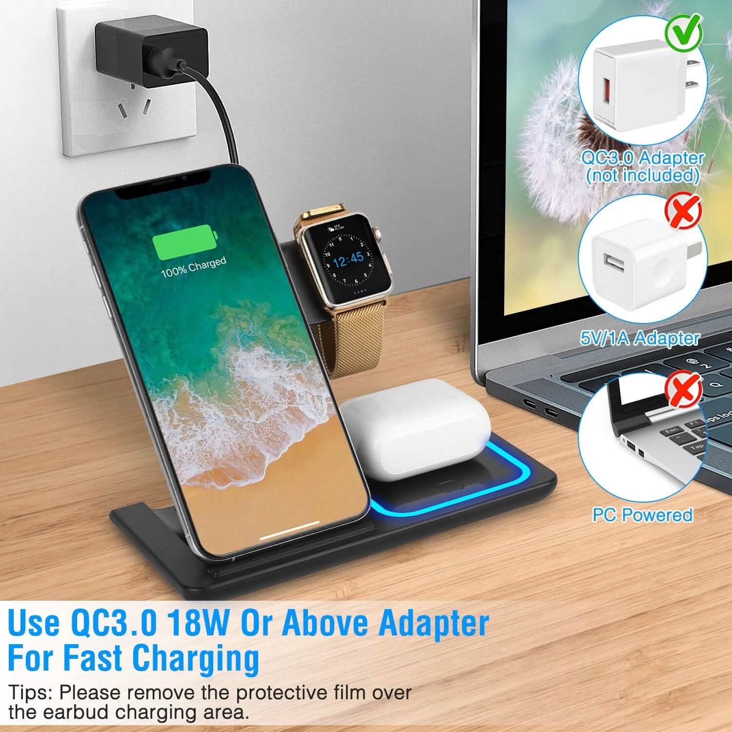 Station de recharge rapide sans fil pliable 3-en-1
