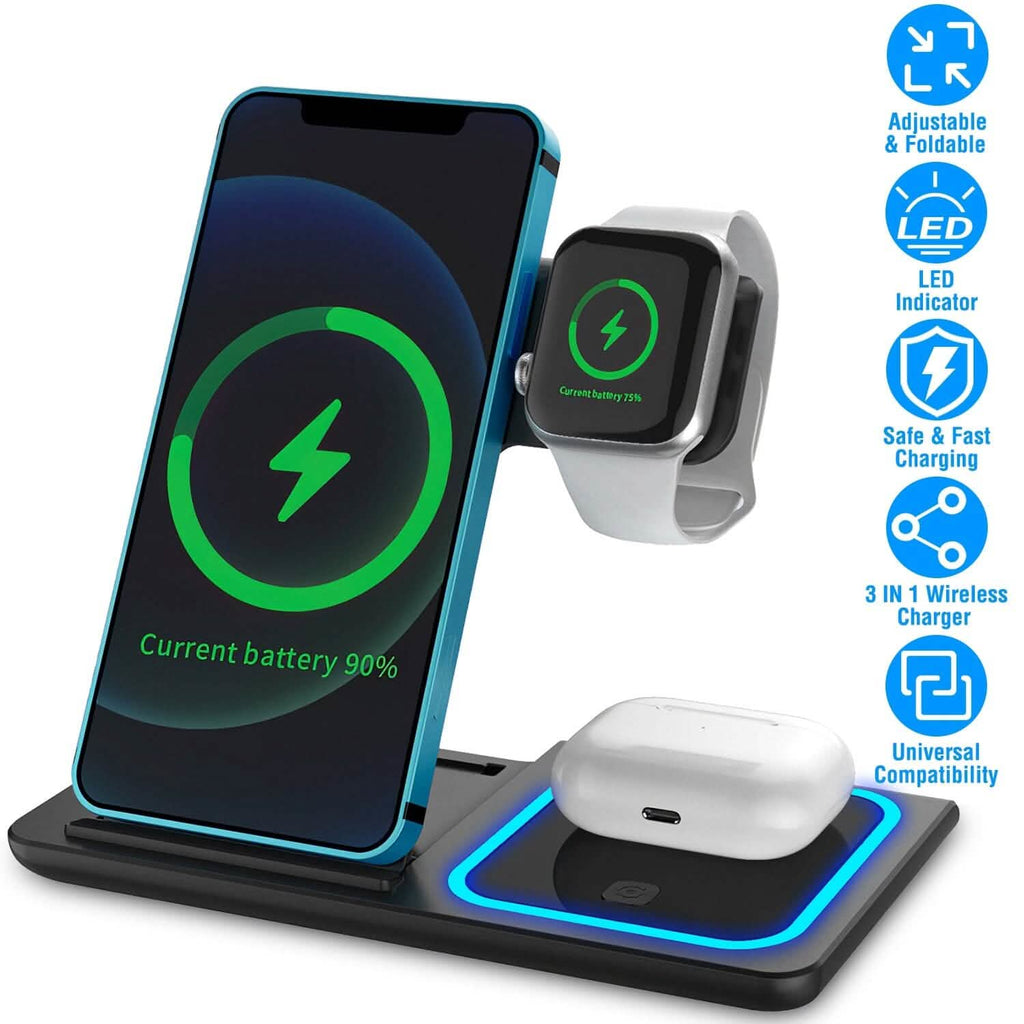 Station de recharge rapide sans fil pliable 3-en-1