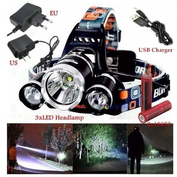 3 LED XM-L T6 Lampe Frontale Étanche Torche Lampe de Poche
