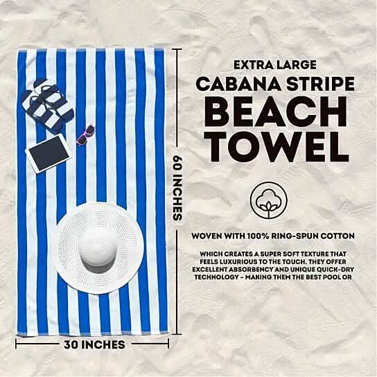 Paquet de 3: Serviettes de plage pour hôtel ou cabine de piscine, ultra-douces, 100% coton, rayées, 76 x 152 cm