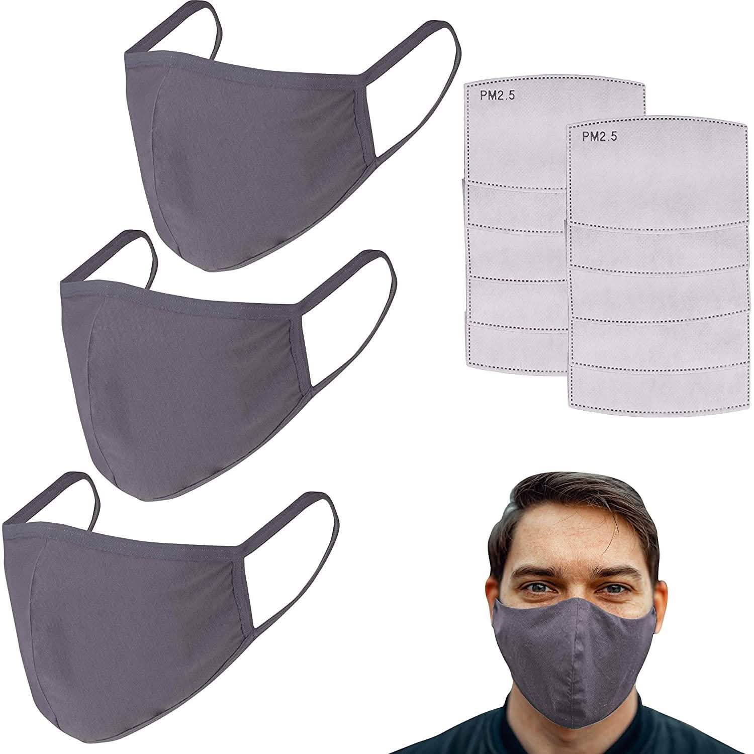 Lot de 3 : Masques en coton réutilisables avec 10 filtres