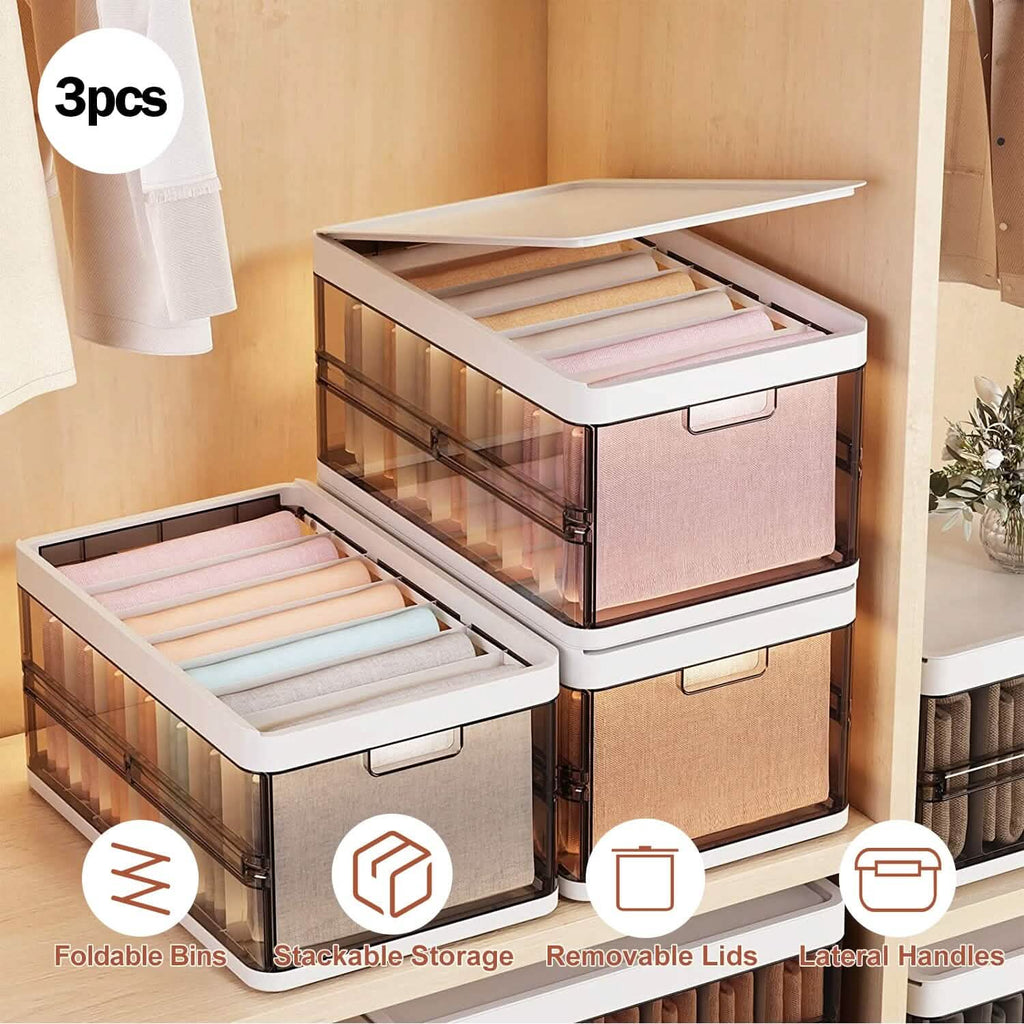 Lot de 3 : Boîte de rangement pliable avec couvercle Organisateur de placard empilable en plastique