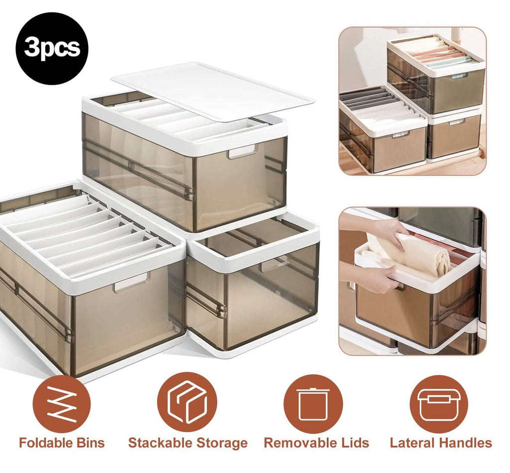 Lot de 3 : Boîte de rangement pliable avec couvercle Organisateur de placard empilable en plastique