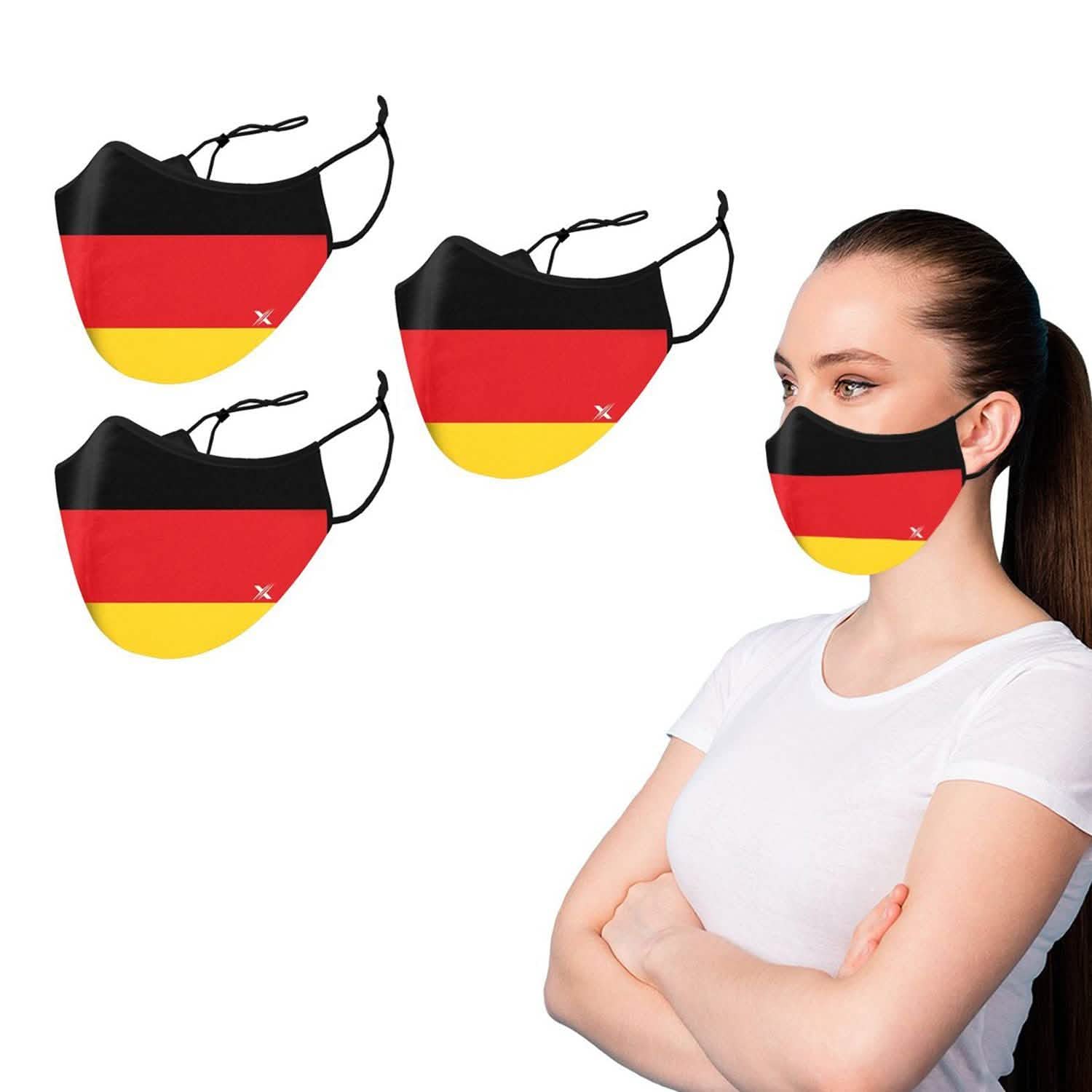 Lot de 3 : Masque réutilisable double couche drapeau de l'Allemagne avec boucles réglables
