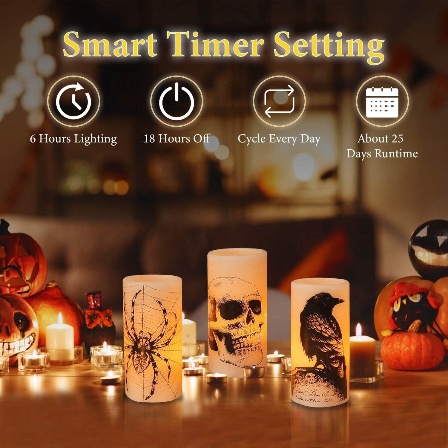 Lot de 3 : Lampe bougie sans flamme à piles avec minuterie pour Halloween