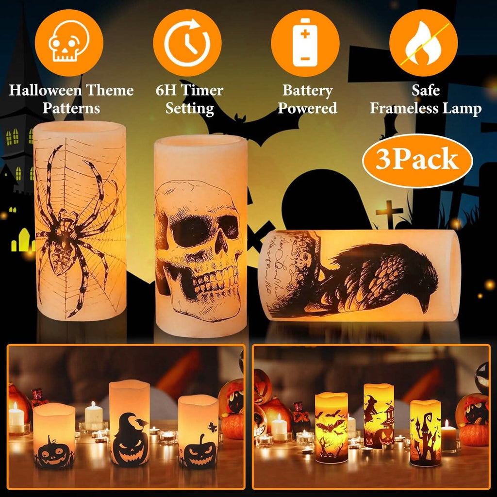 Lot de 3 : Lampe bougie sans flamme à piles avec minuterie pour Halloween