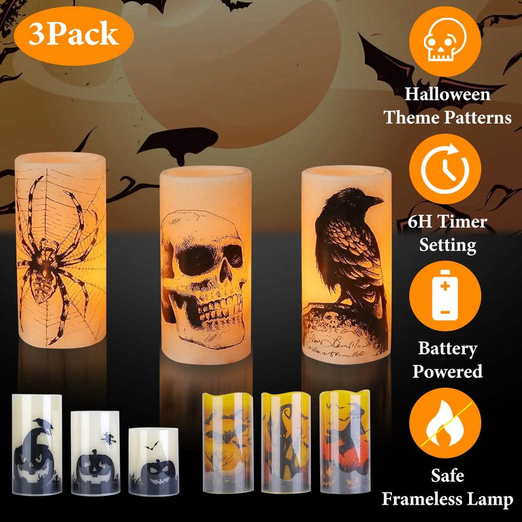 Lot de 3 : Lampe bougie sans flamme à piles avec minuterie pour Halloween