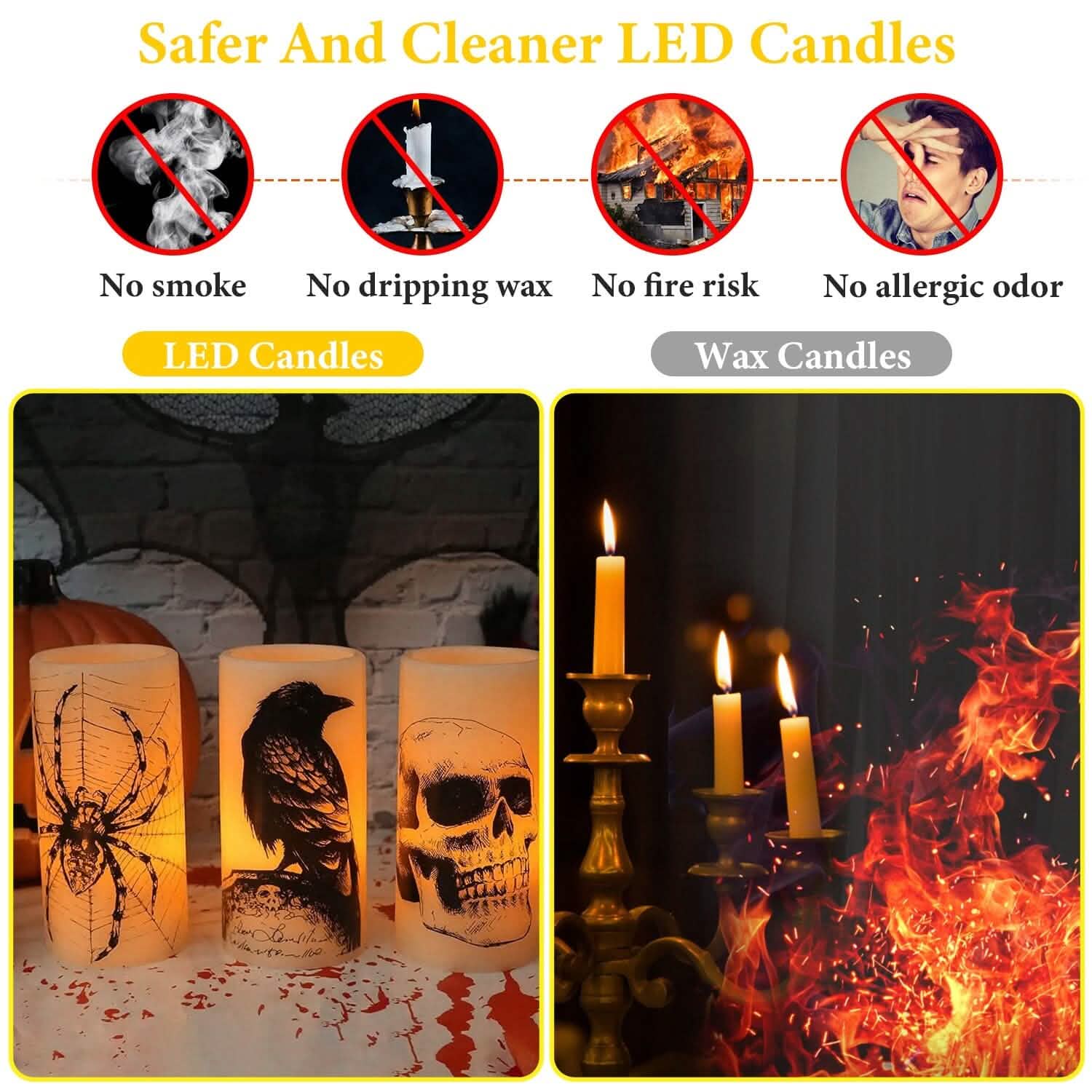 Lot de 3 : Lampe bougie sans flamme à piles avec minuterie pour Halloween
