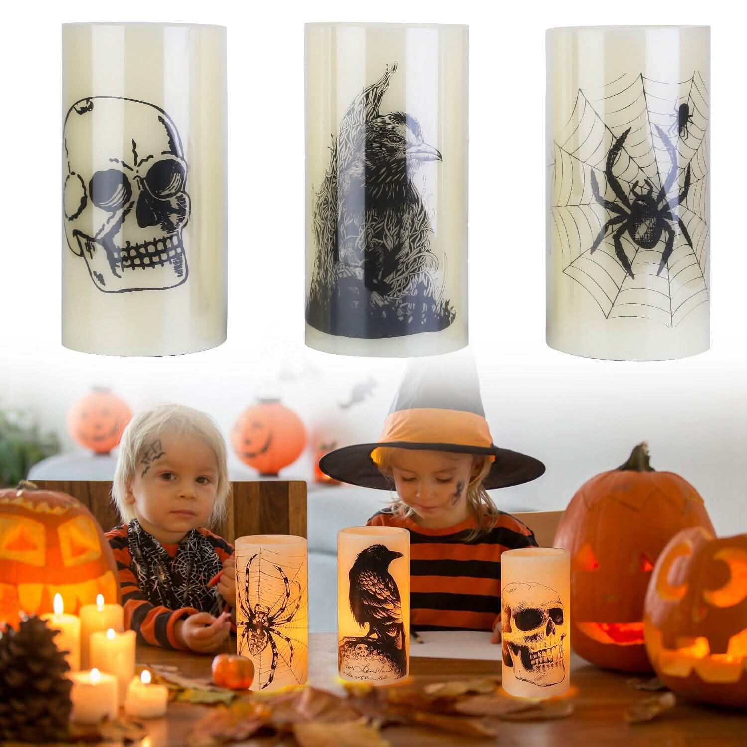 Lot de 3 : Lampe bougie sans flamme à piles avec minuterie pour Halloween