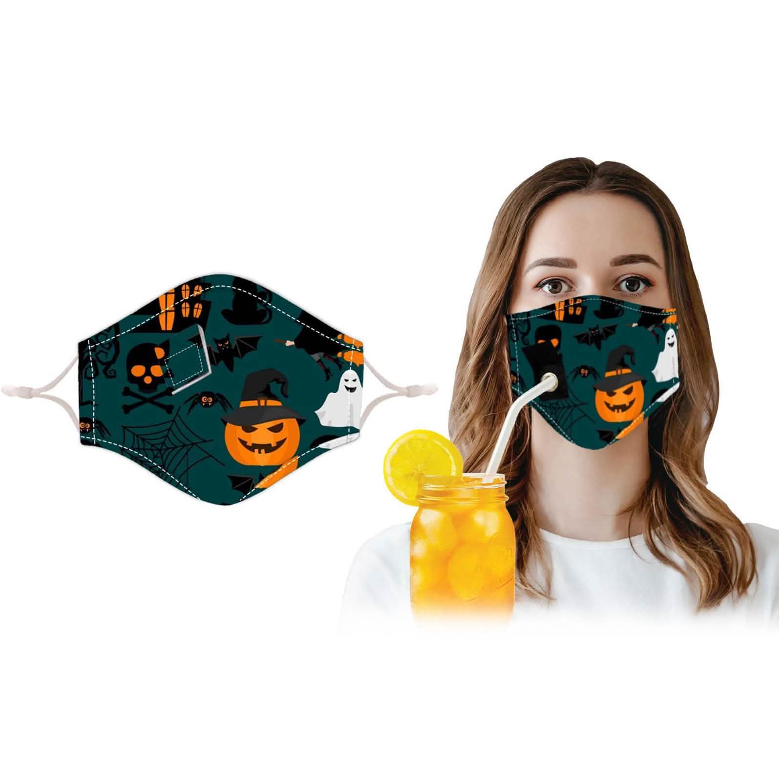 Lot de 3 : Masque réutilisable pour Halloween avec trou pour paille à boire