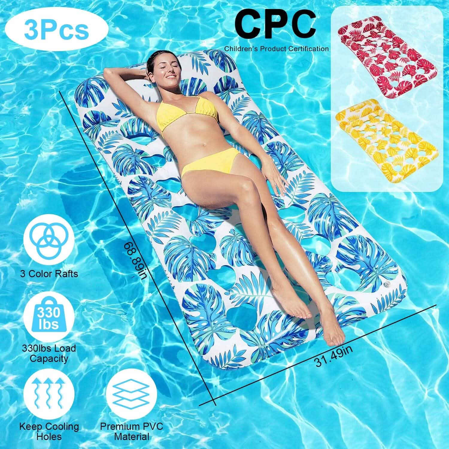 Lot de 3 : Matelas pneumatique de piscine flottant et relaxant pour l'eau, supportant jusqu'à 150 kg avec appuie-tête