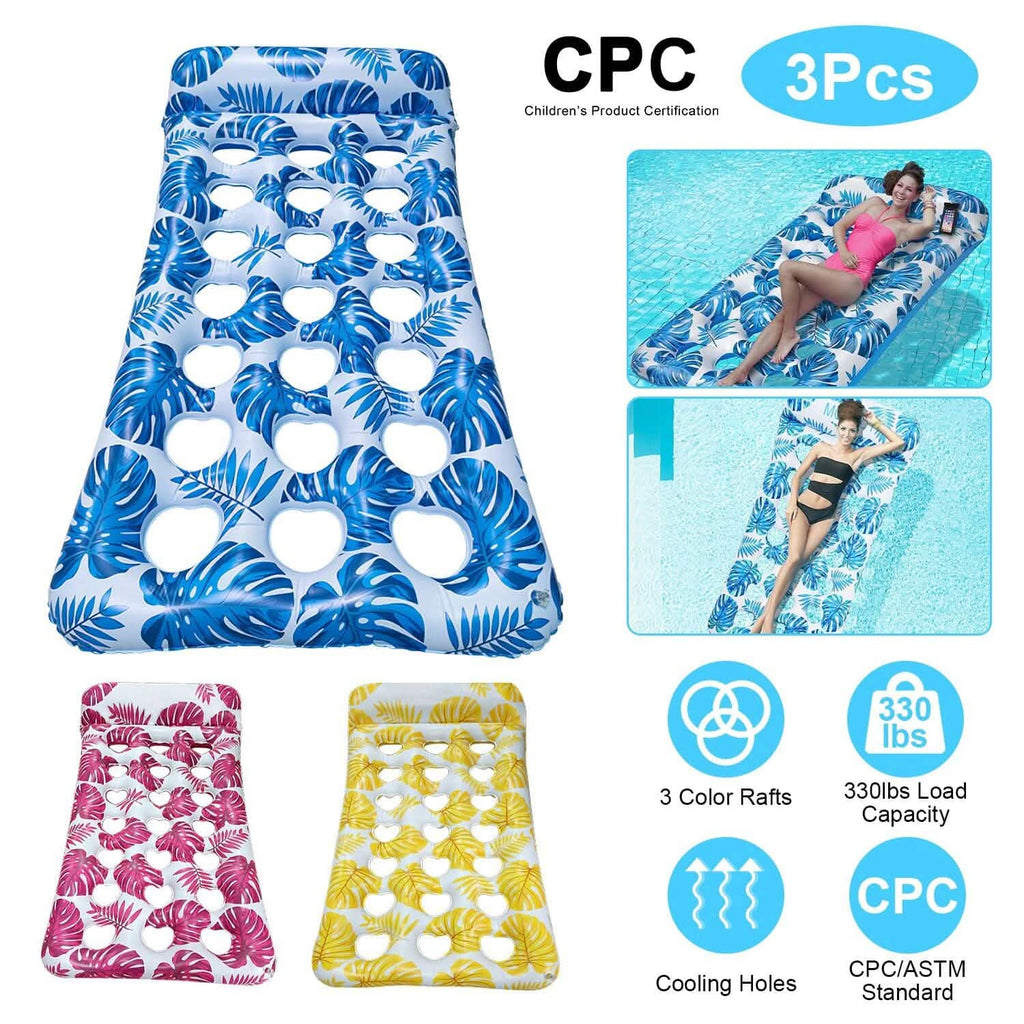 Lot de 3 : Matelas pneumatique de piscine flottant et relaxant pour l'eau, supportant jusqu'à 150 kg avec appuie-tête