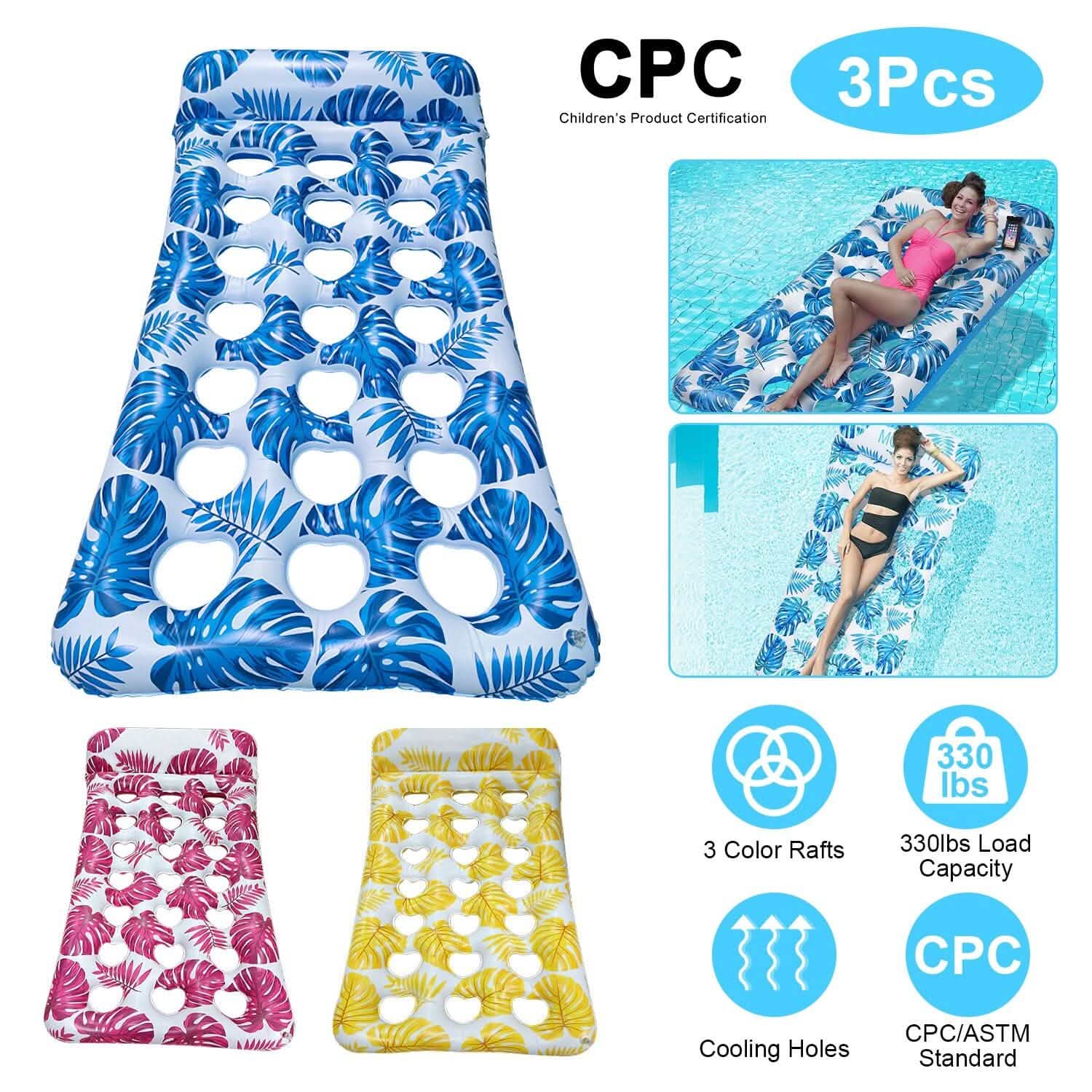 Lot de 3 : Matelas pneumatique de piscine flottant et relaxant pour l'eau, supportant jusqu'à 150 kg avec appuie-tête