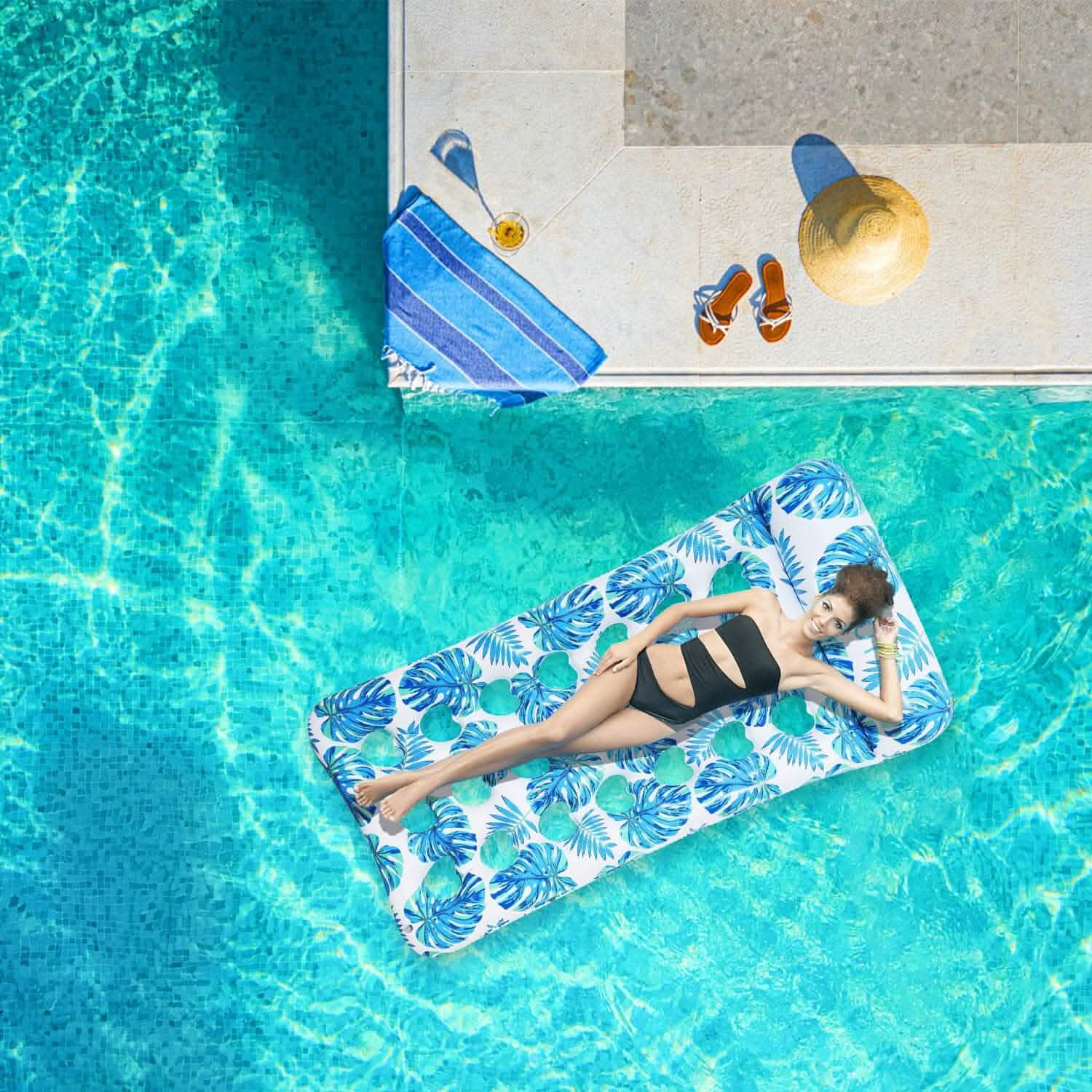 Lot de 3 : Matelas pneumatique de piscine flottant et relaxant pour l'eau, supportant jusqu'à 150 kg avec appuie-tête