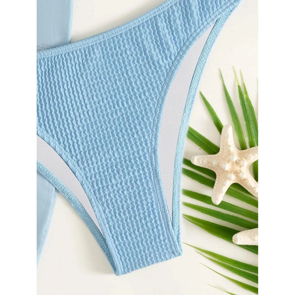 Ensemble de 3 pièces : maillot de bain bikini dos nu à anneaux texturés et jupe de plage