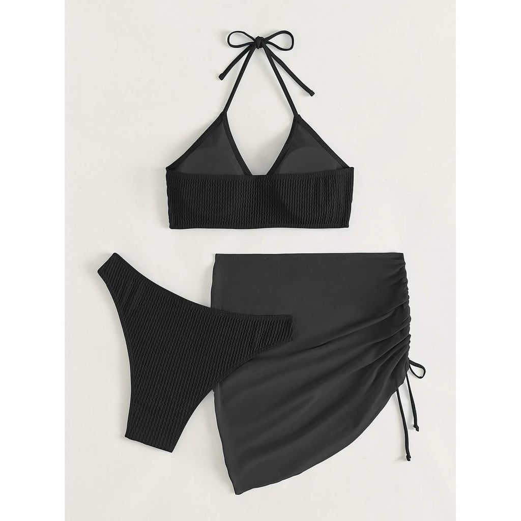 Ensemble de 3 pièces : maillot de bain bikini dos nu à anneaux texturés et jupe de plage