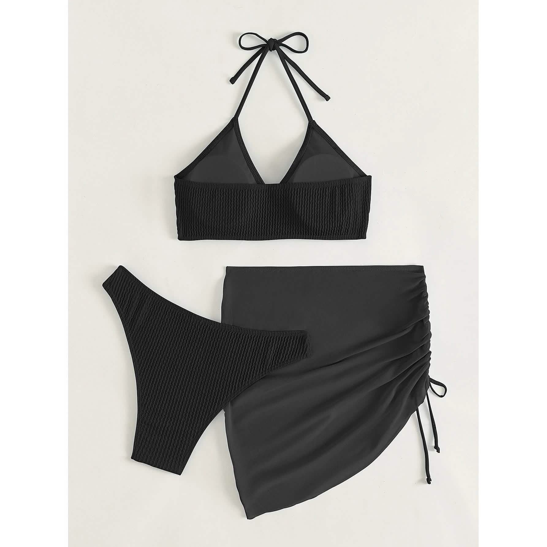 Ensemble de 3 pièces : maillot de bain bikini dos nu à anneaux texturés et jupe de plage