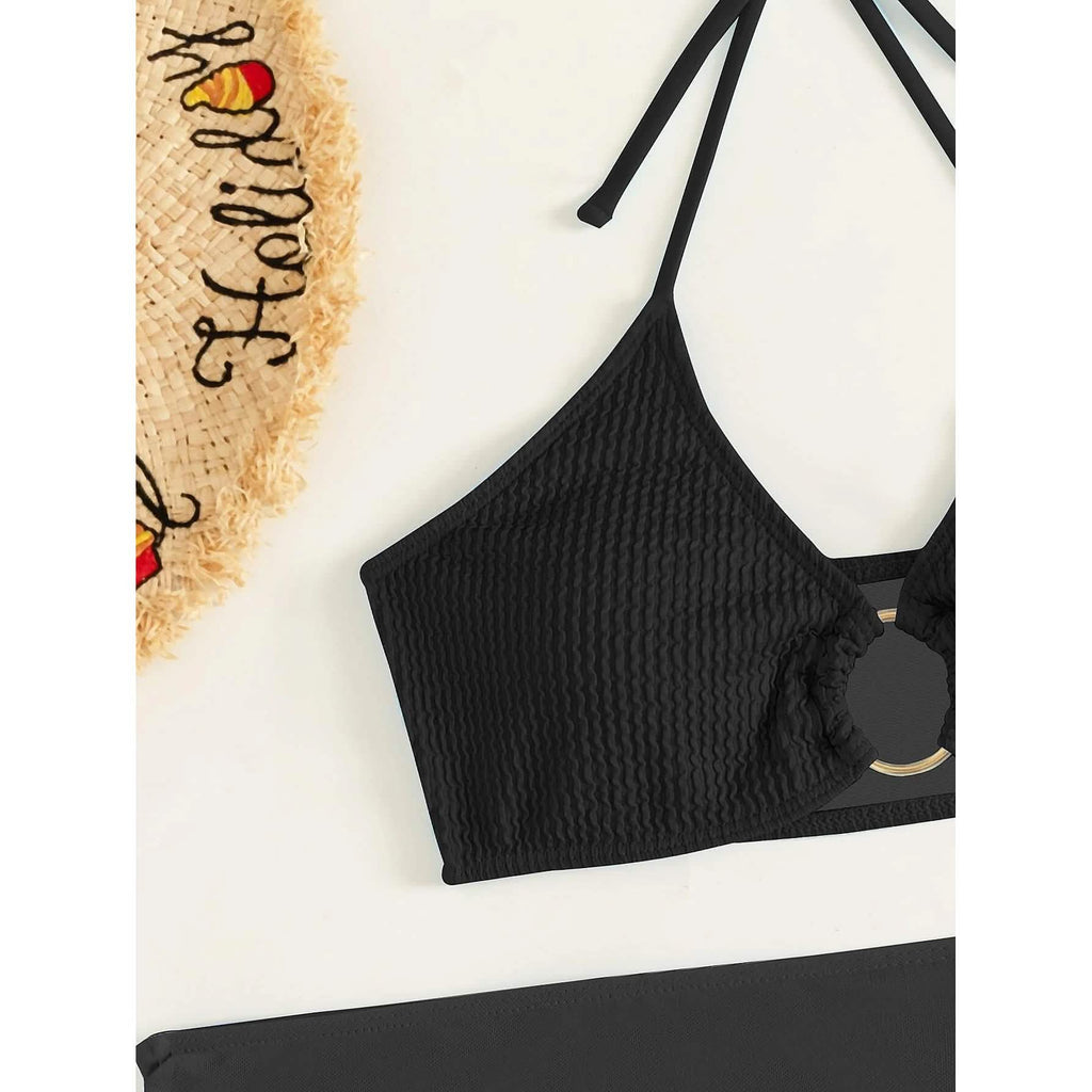 Ensemble de 3 pièces : maillot de bain bikini dos nu à anneaux texturés et jupe de plage