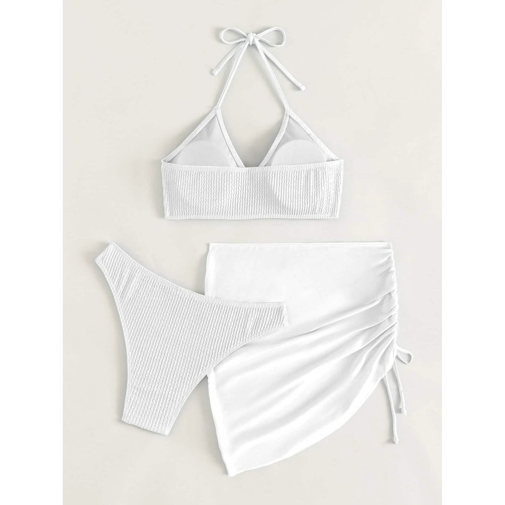 Ensemble de 3 pièces : maillot de bain bikini dos nu à anneaux texturés et jupe de plage