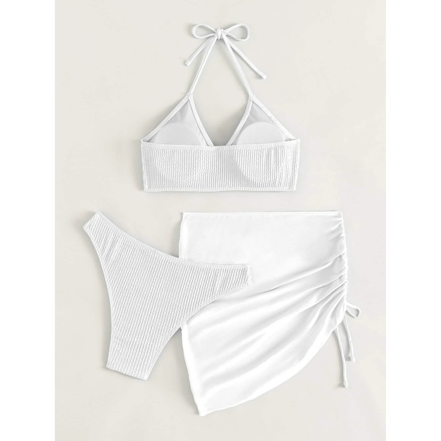 Ensemble de 3 pièces : maillot de bain bikini dos nu à anneaux texturés et jupe de plage