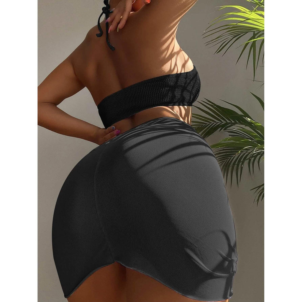 Ensemble de 3 pièces : maillot de bain bikini dos nu à anneaux texturés et jupe de plage
