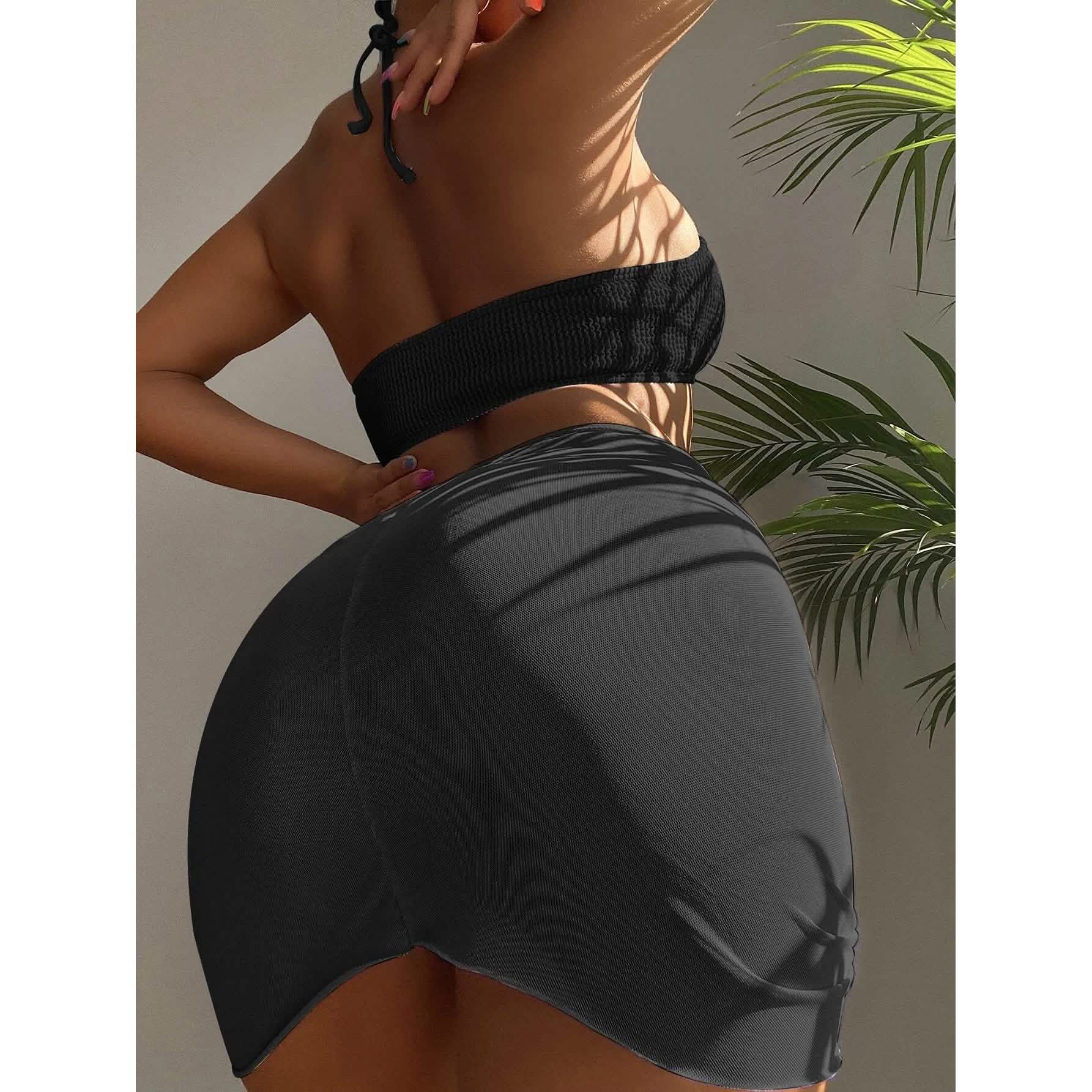 Ensemble de 3 pièces : maillot de bain bikini dos nu à anneaux texturés et jupe de plage