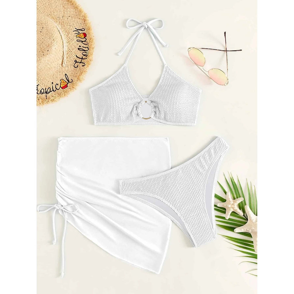 Ensemble de 3 pièces : maillot de bain bikini dos nu à anneaux texturés et jupe de plage