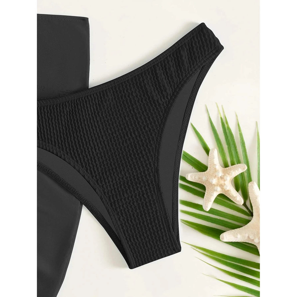 Ensemble de 3 pièces : maillot de bain bikini dos nu à anneaux texturés et jupe de plage