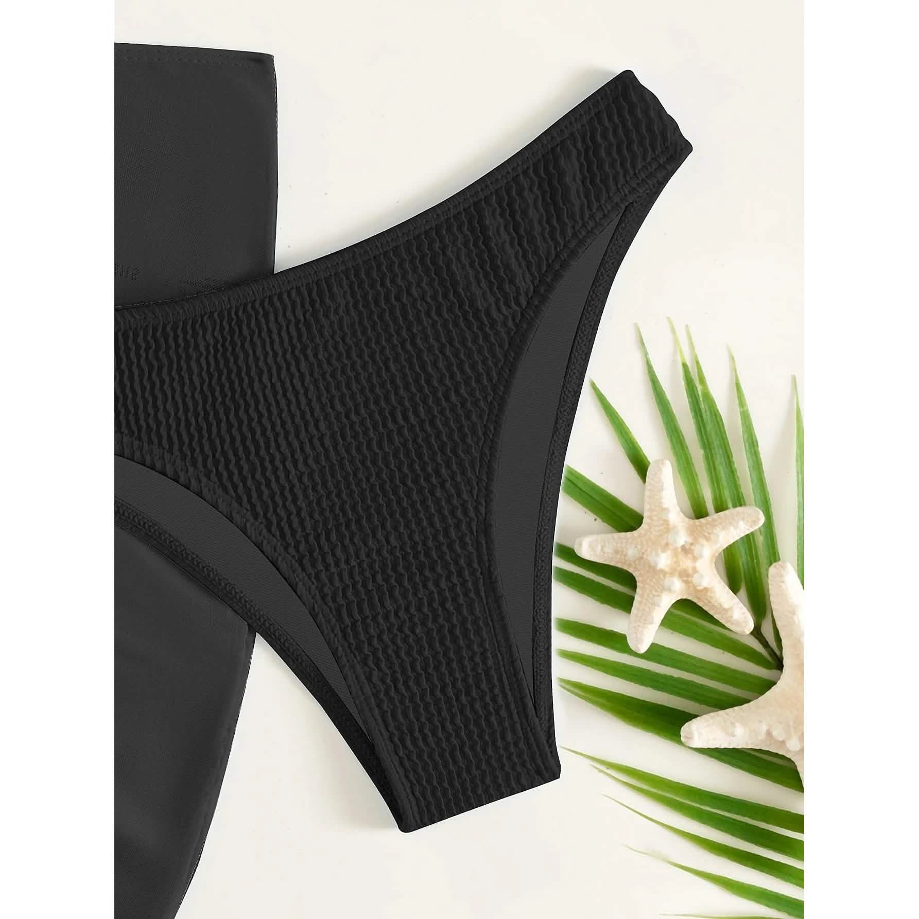 Ensemble de 3 pièces : maillot de bain bikini dos nu à anneaux texturés et jupe de plage